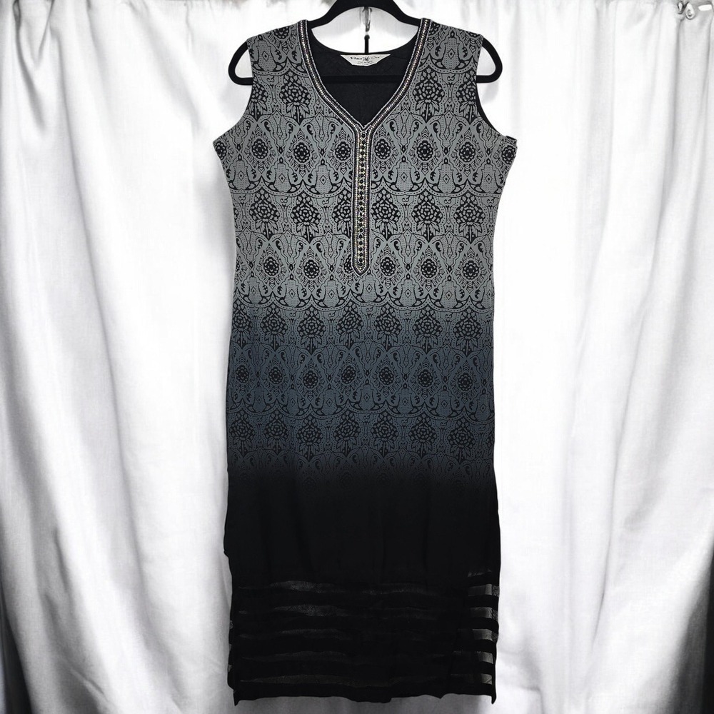 Pretty One Dress/Top Woman Large Gray Black Ombre Beaded V Neck Long Side Slits
